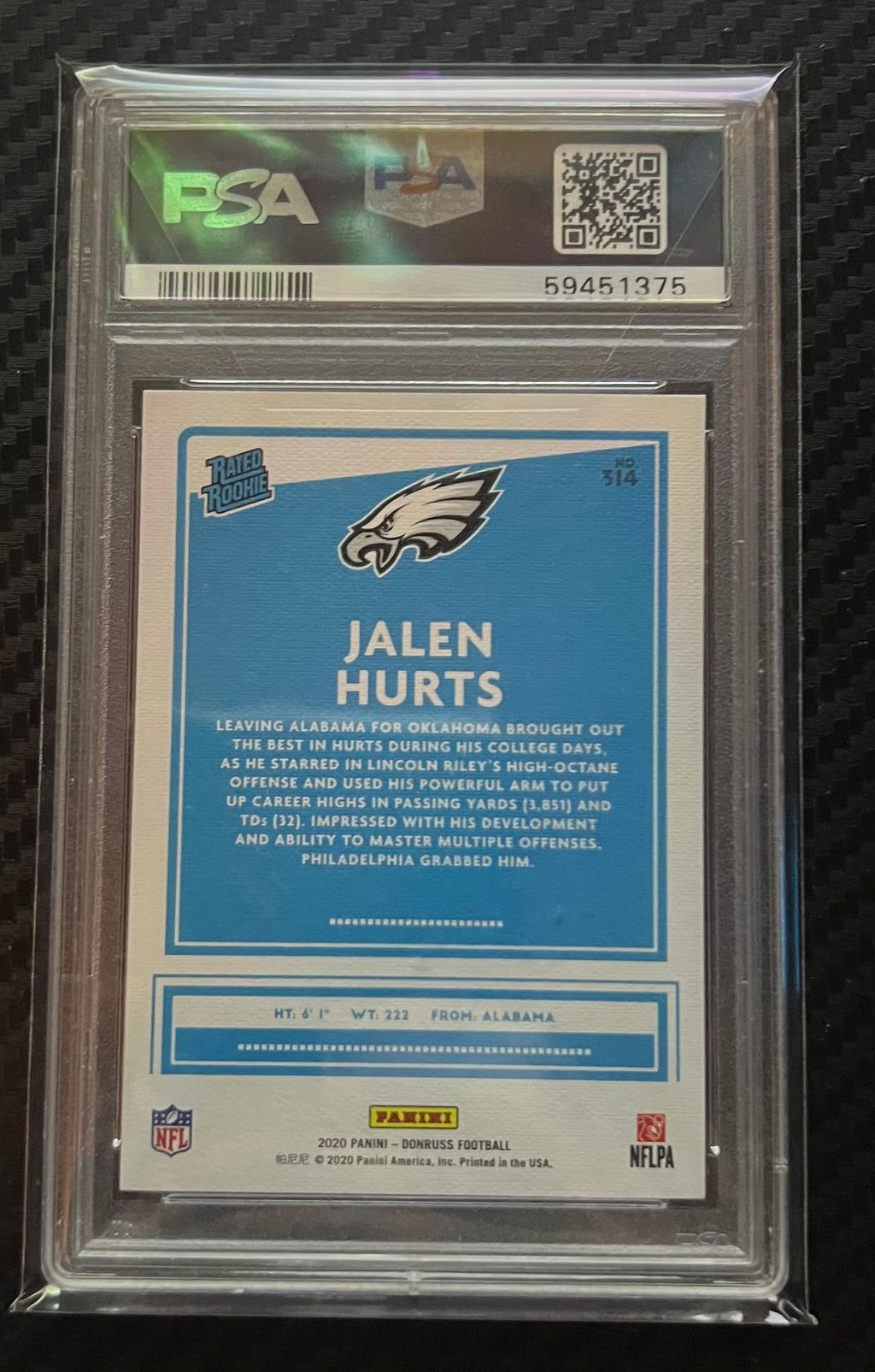 2020 PANINI DONRUSS #314 JALEN HURTS CANVAS RC PSA 10