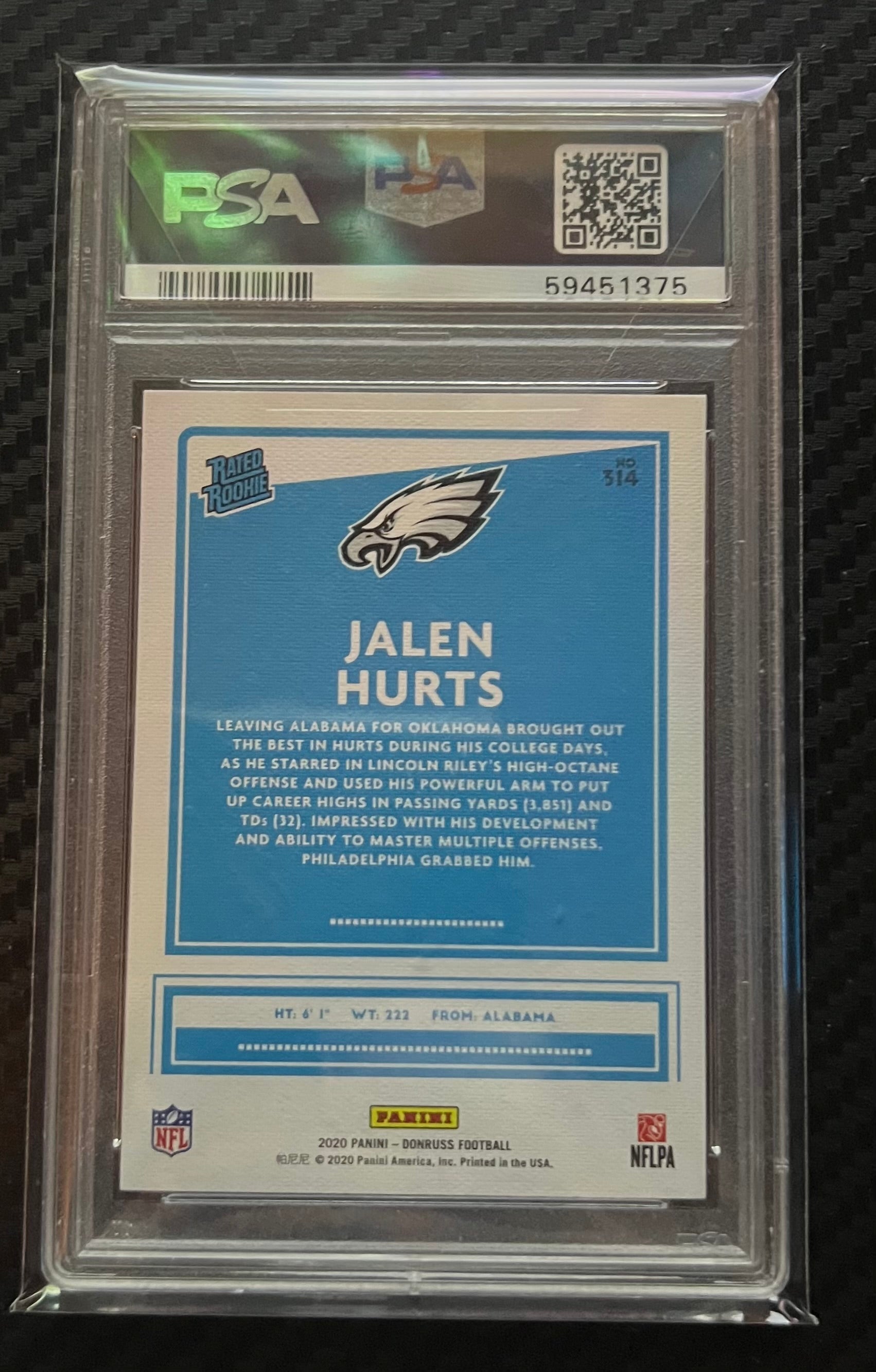 2020 PANINI DONRUSS #314 JALEN HURTS CANVAS RC PSA 10