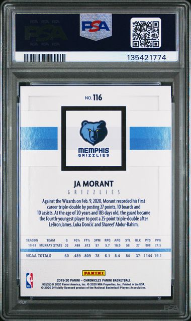 2019 PANINI CHRONICLES #116 JA MORANT TEAL RC PSA 9
