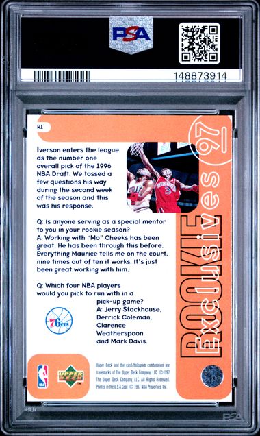 1996 UPPER DECK ROOKIE EXCLUSIVES #R1 ALLEN IVERSON ROOKIE EXCLUSIVES PSA 9